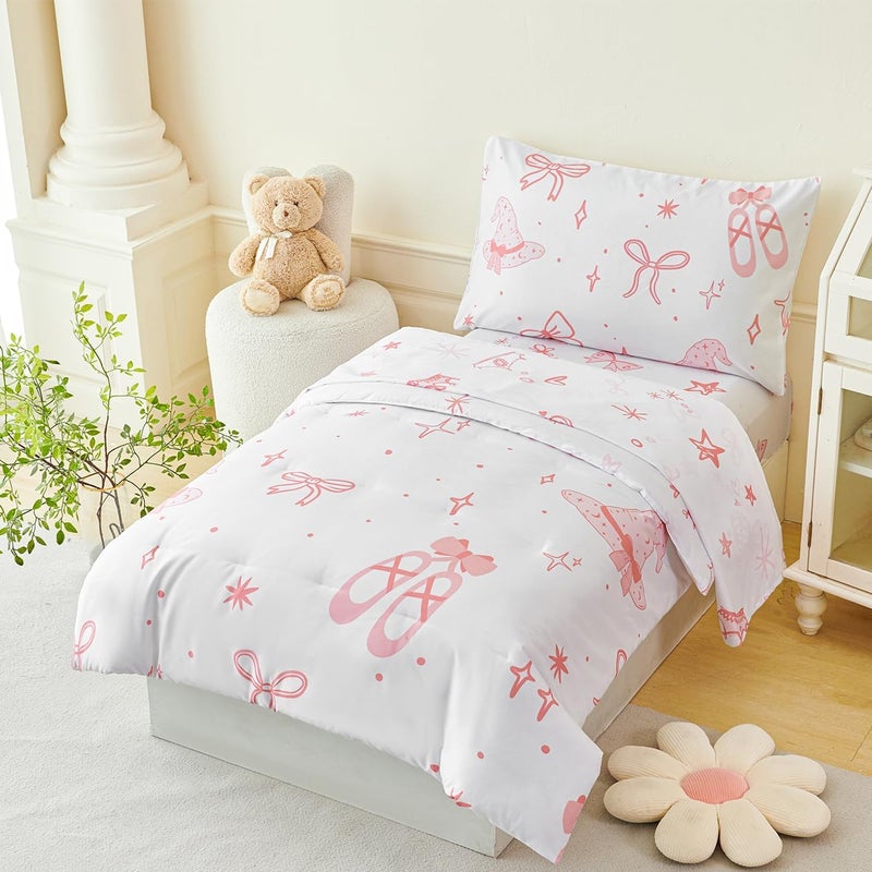 PERFEMET 4 Pieces Bow Comforter for Toddler Girls Reversible Bowknot Pink Toddler Bedding Set Ultra Soft Lightweight Princess Crib Bed Set with Sheets - Image 2